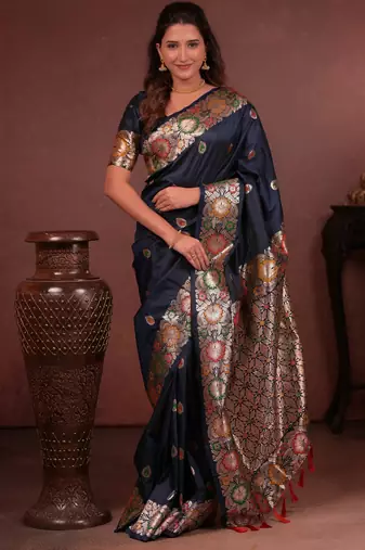 Navy blue soft silk blend zari paithani saree with unstitched blouse piece