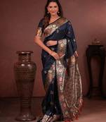 Navy blue soft silk blend zari paithani saree with unstitched blouse piece