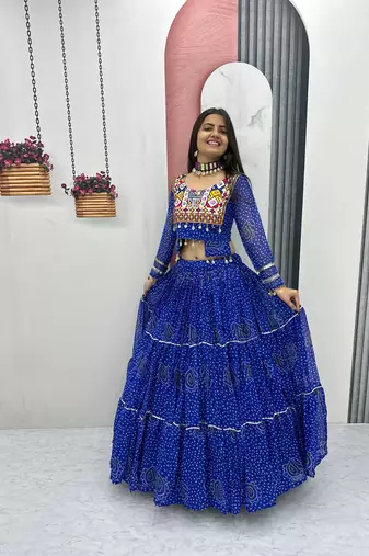 Royal Blue Thread Embroidery & Cording Work Pure Fox Georgette Navratri Lehenga Choli with Blouse