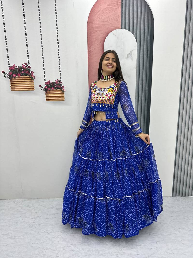 Royal Blue Thread Embroidery & Cording Work Pure Fox Georgette Navratri Lehenga Choli with Blouse
