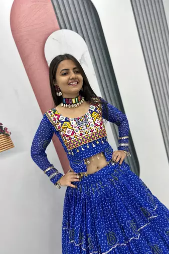 Royal Blue Thread Embroidery & Cording Work Pure Fox Georgette Navratri Lehenga Choli with Blouse