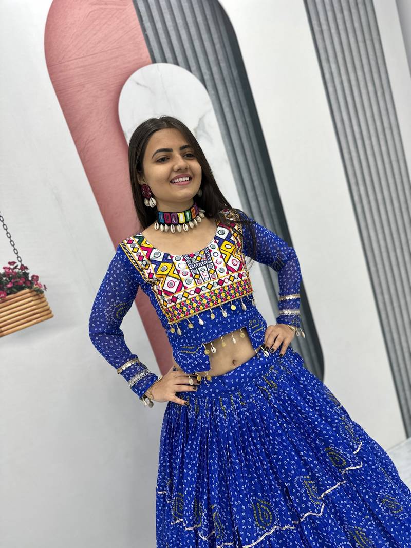 Royal Blue Thread Embroidery & Cording Work Pure Fox Georgette Navratri Lehenga Choli with Blouse