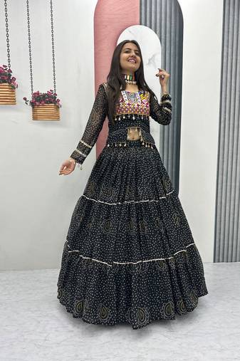 Black Thread Embroidery & Cording Work Pure Fox Georgette Navratri Lehenga Choli with Blouse