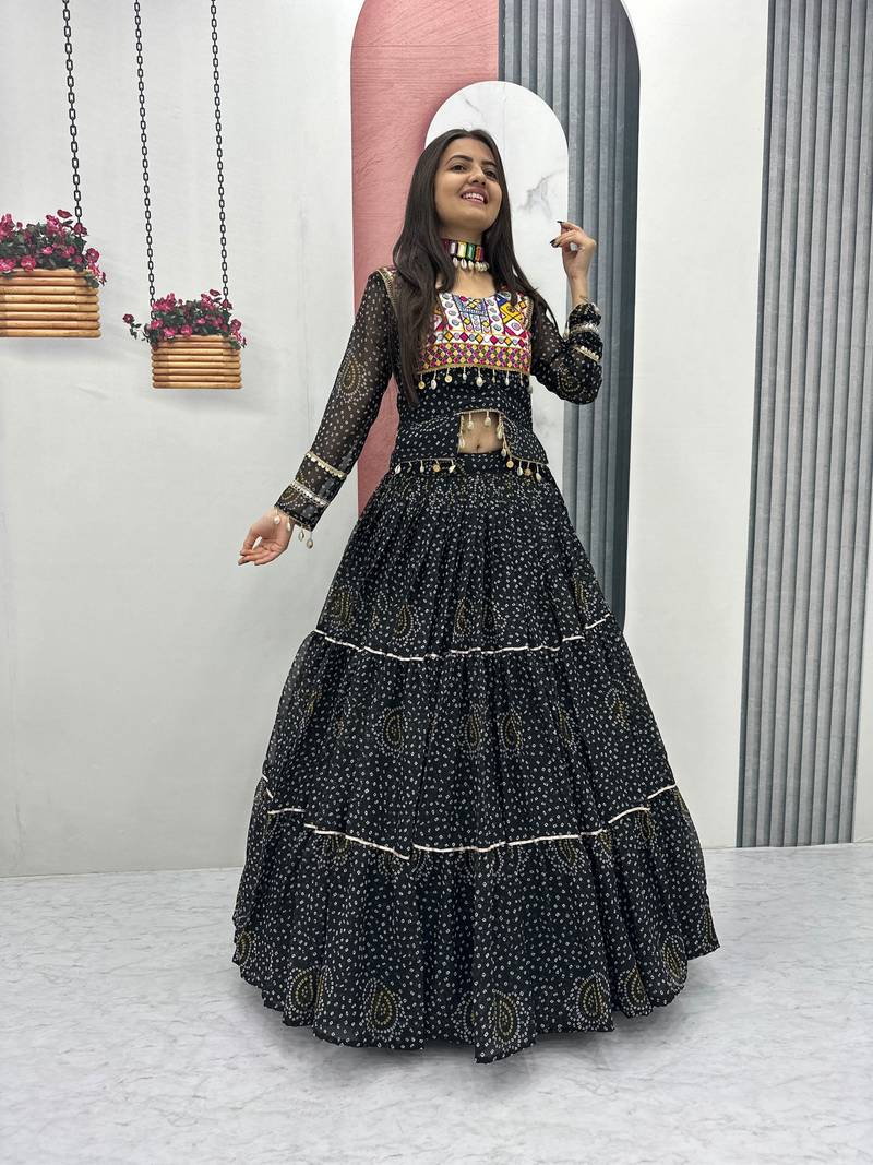 Black Thread Embroidery & Cording Work Pure Fox Georgette Navratri Lehenga Choli with Blouse