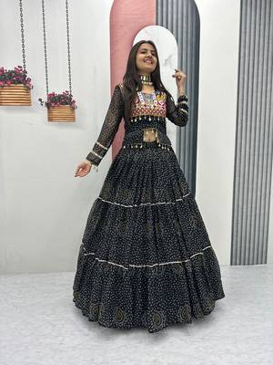 Black Thread Embroidery & Cording Work Pure Fox Georgette Navratri Lehenga Choli with Blouse 1