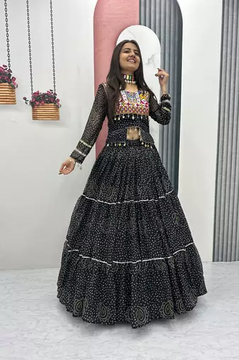 Black Thread Embroidery & Cording Work Pure Fox Georgette Navratri Lehenga Choli with Blouse