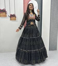Black Thread Embroidery & Cording Work Pure Fox Georgette Navratri Lehenga Choli with Blouse