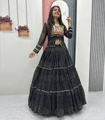 Black Thread Embroidery & Cording Work Pure Fox Georgette Navratri Lehenga Choli with Blouse