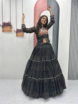 Black Thread Embroidery & Cording Work Pure Fox Georgette Navratri Lehenga Choli with Blouse 2
