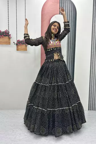 Black Thread Embroidery & Cording Work Pure Fox Georgette Navratri Lehenga Choli with Blouse