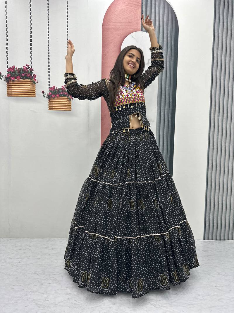Black Thread Embroidery & Cording Work Pure Fox Georgette Navratri Lehenga Choli with Blouse