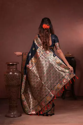 Navy blue soft silk blend zari paithani saree with unstitched blouse piece