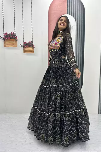 Black Thread Embroidery & Cording Work Pure Fox Georgette Navratri Lehenga Choli with Blouse