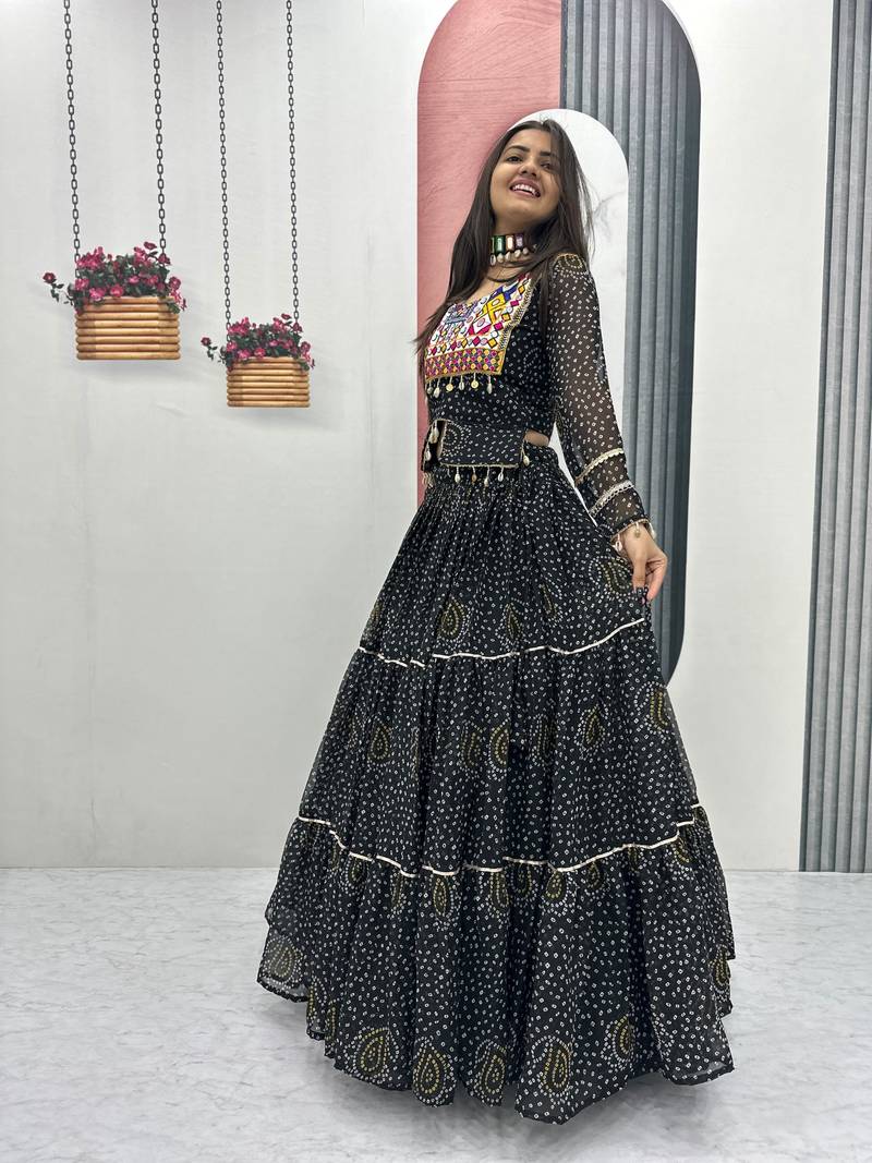 Black Thread Embroidery & Cording Work Pure Fox Georgette Navratri Lehenga Choli with Blouse