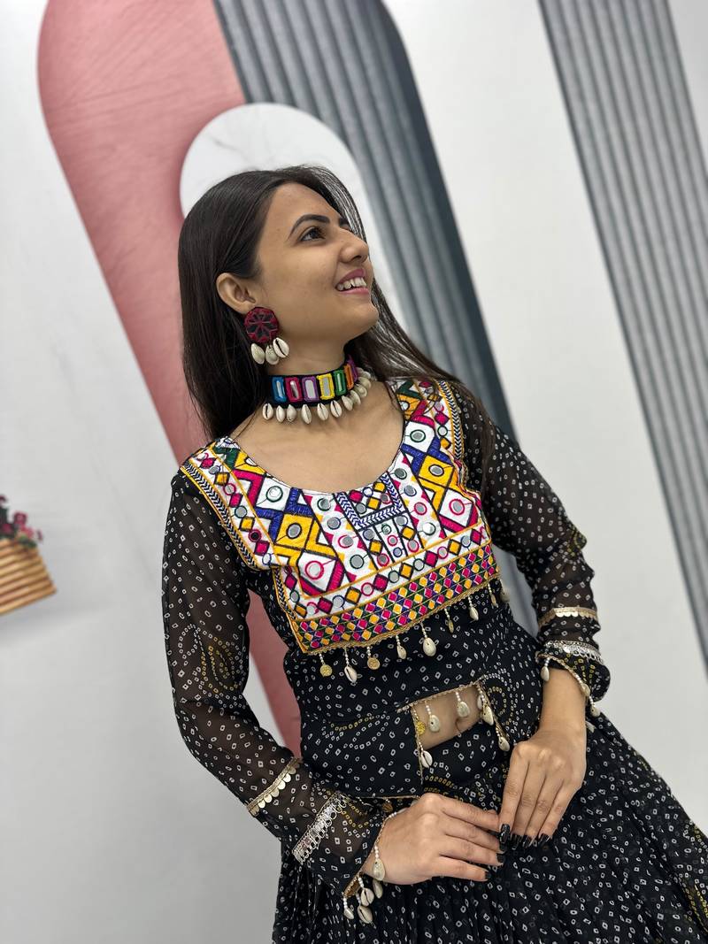 Black Thread Embroidery & Cording Work Pure Fox Georgette Navratri Lehenga Choli with Blouse