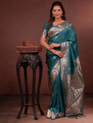 Teal soft silk blend zari paithani saree with unstitched blouse piece 1