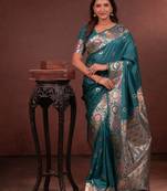 Teal soft silk blend zari paithani saree with unstitched blouse piece