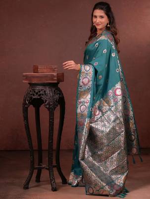Teal soft silk blend zari paithani saree with unstitched blouse piece 2
