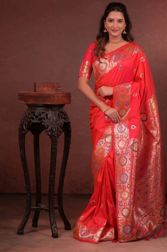Rani soft silk blend zari paithani saree with unstitched blouse piece