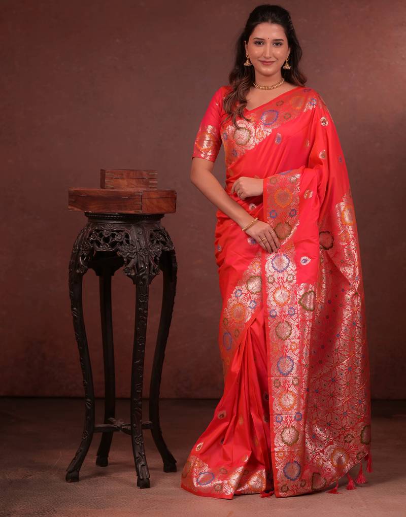 Rani soft silk blend zari paithani saree with unstitched blouse piece