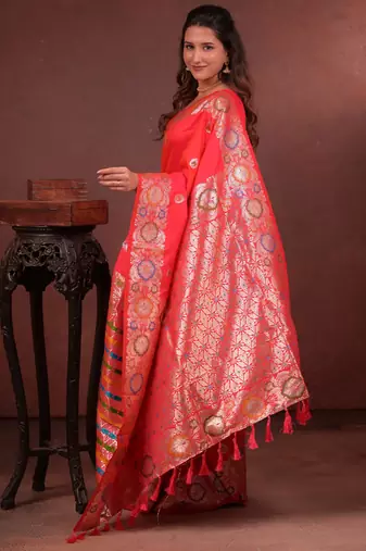 Rani soft silk blend zari paithani saree with unstitched blouse piece
