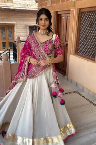 Off White & Rani Pink Heavy Thread Embroidery Sequins Work Roman Silk Navratri Lehenga Choli with Dupatta