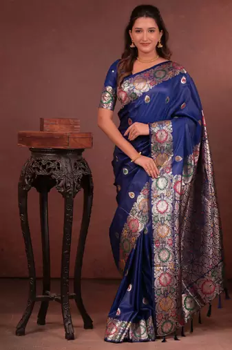 Royal blue soft silk blend zari paithani saree with unstitched blouse piece