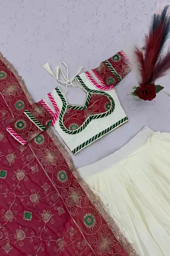 Off White & Rani Pink Heavy Thread Embroidery Sequins Work Roman Silk Navratri Lehenga Choli with Dupatta