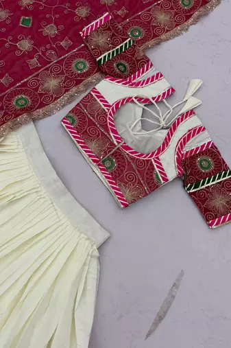 Off White & Rani Pink Heavy Thread Embroidery Sequins Work Roman Silk Navratri Lehenga Choli with Dupatta