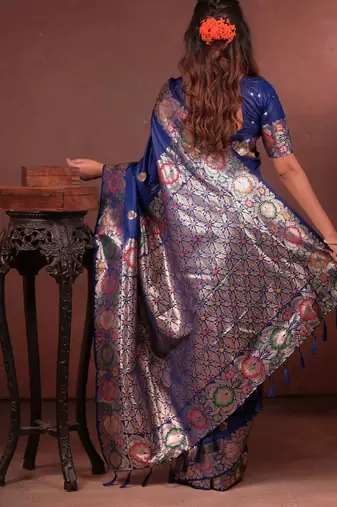 Royal blue soft silk blend zari paithani saree with unstitched blouse piece