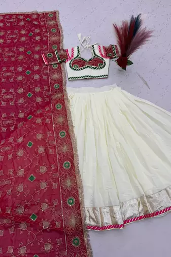 Off White & Rani Pink Heavy Thread Embroidery Sequins Work Roman Silk Navratri Lehenga Choli with Dupatta