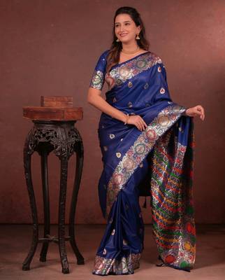 Royal blue soft silk blend zari paithani saree with unstitched blouse piece 4