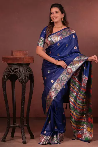 Royal blue soft silk blend zari paithani saree with unstitched blouse piece