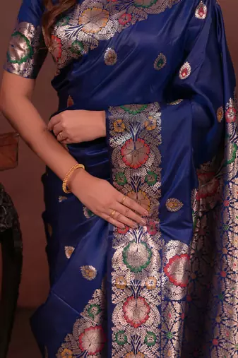 Royal blue soft silk blend zari paithani saree with unstitched blouse piece