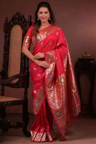 Red soft silk blend zari paithani saree with unstitched blouse piece