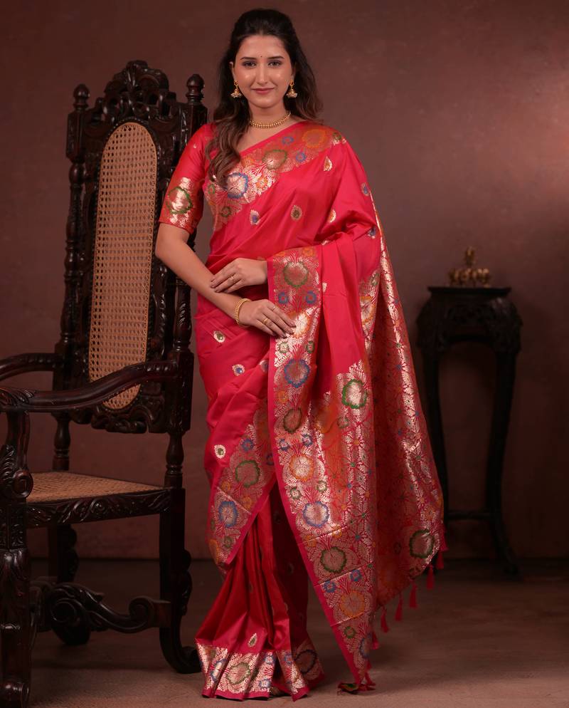 Red soft silk blend zari paithani saree with unstitched blouse piece