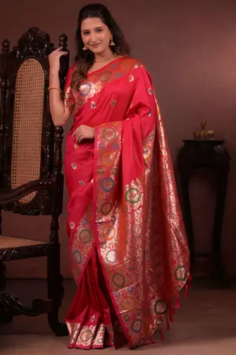 Red soft silk blend zari paithani saree with unstitched blouse piece