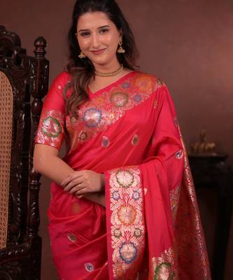 Red soft silk blend zari paithani saree with unstitched blouse piece 3