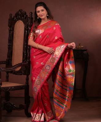 Red soft silk blend zari paithani saree with unstitched blouse piece 5