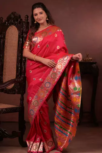 Red soft silk blend zari paithani saree with unstitched blouse piece