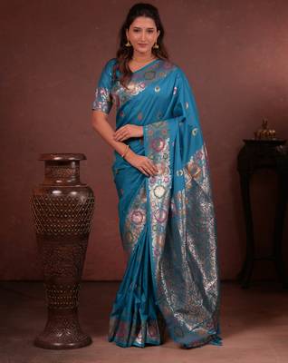 Teal soft silk blend zari paithani saree with unstitched blouse piece 1