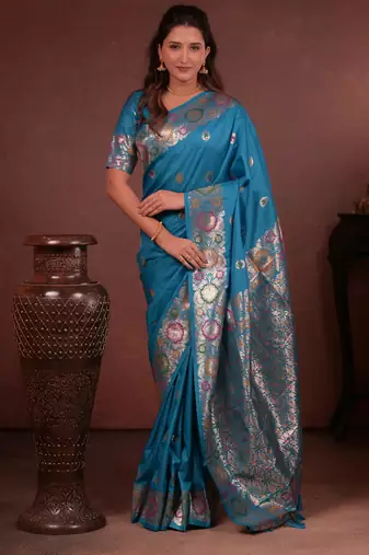 Teal soft silk blend zari paithani saree with unstitched blouse piece