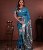 Teal soft silk blend zari paithani saree with unstitched blouse piece