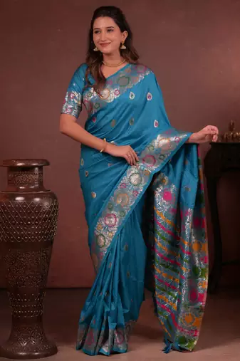 Teal soft silk blend zari paithani saree with unstitched blouse piece