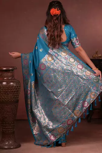 Teal soft silk blend zari paithani saree with unstitched blouse piece