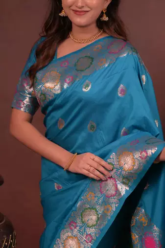 Teal soft silk blend zari paithani saree with unstitched blouse piece