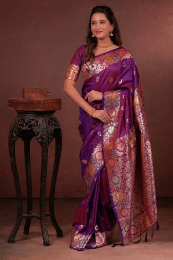 Wine soft silk blend zari paithani saree with unstitched blouse piece