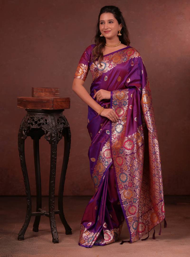 Wine soft silk blend zari paithani saree with unstitched blouse piece