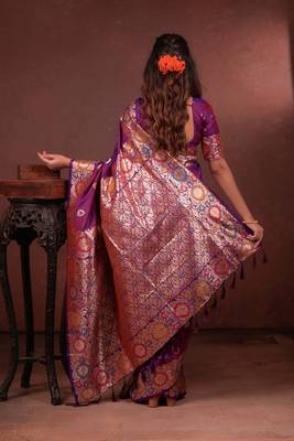 Wine soft silk blend zari paithani saree with unstitched blouse piece 3