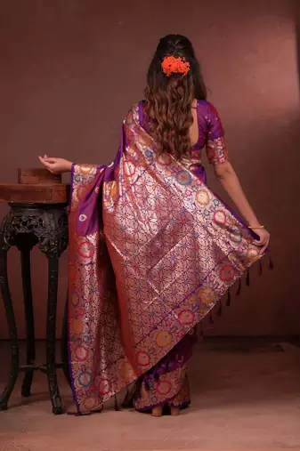 Wine soft silk blend zari paithani saree with unstitched blouse piece